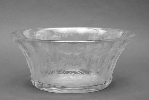 Oval Faceted Etched Glass Bowl