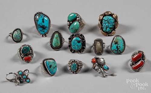 Fifteen Native American Indian turquoise rings