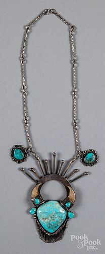 Navajo Indian silver & turquoise buffalo necklace