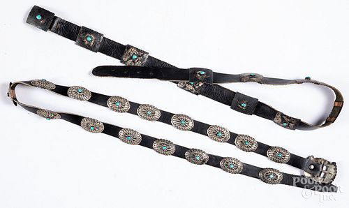 Two Navajo Indian silver and turquoise concha bel