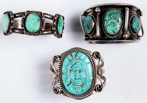 Three Navajo sterling silver & turquoise bracelet