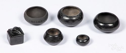 Six Pueblo Indian black on black pottery bowls