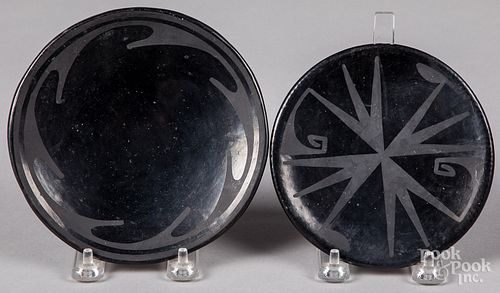 Two San Ildefonso Indian black pottery trays