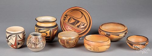 Eight Hopi Indian pottery vessels
