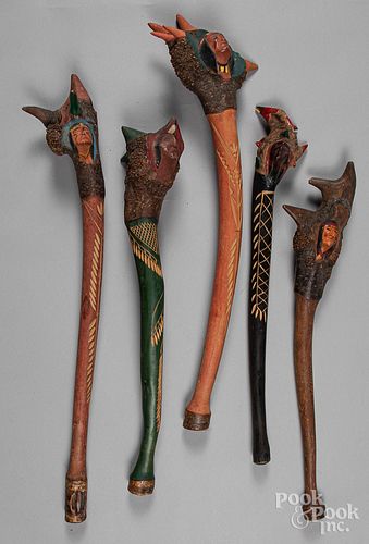 Five Penobscot Indian carved and painted root bal