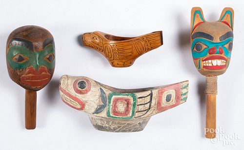 Northwest coast Indian carved and painted rattles