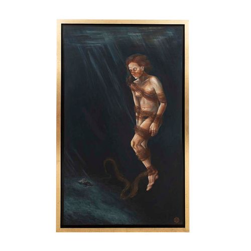 Tatiana Ortíz Rubio. Mujer en el agua. Firmado. Óleo sobre tabla. Enmarcado. 200 x 120 cm.