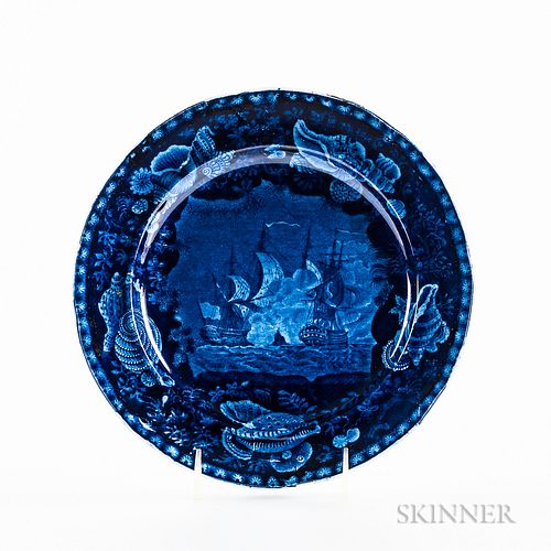 Staffordshire Historical Blue Transfer-decorated "Constitution and Guerriere" Plate