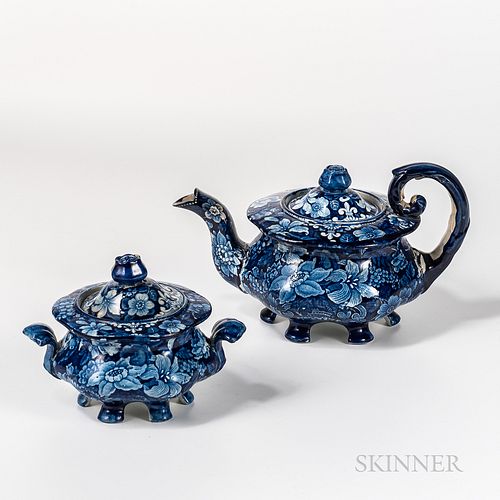 Blue Transfer-decorated Staffordshire Teapot and Sugar