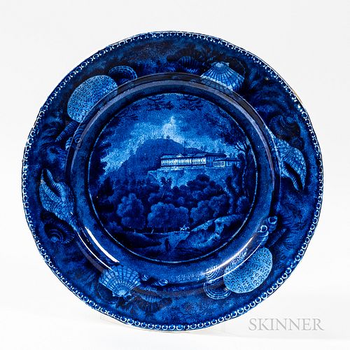 Staffordshire Historical Blue Transfer-decorated "Pine Orchard House/Catskill Mountains" Dinner Plate