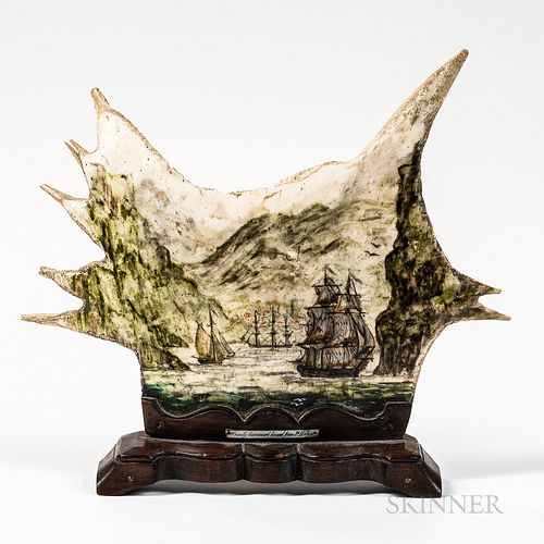 Shaped and Painted Bone Plaque with a Maritime Scene