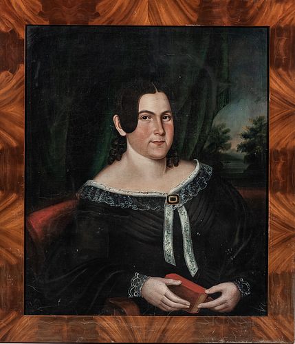 American School, Mid-19th Century      Portrait of a Woman Holding a Red Book