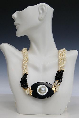 CHINESE BAROQUE PEARL ONYX 14KT Y GOLD NECKLACE