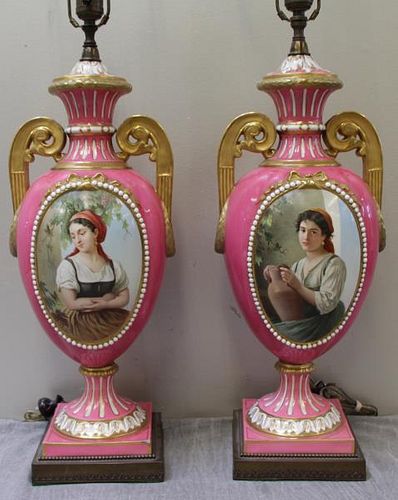 Pair of Impressive Pink Ground Paint Decorated Urn