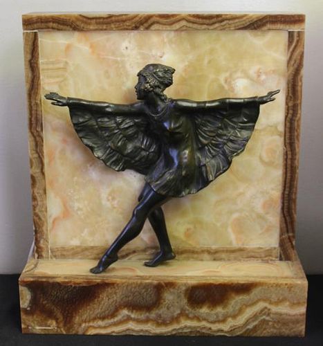 Art Deco Patinated Bronze & Onyx Figural Lamp.