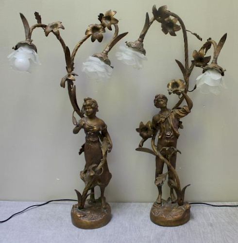 Pair of Bronze Art Nouveau Figural Lamps.