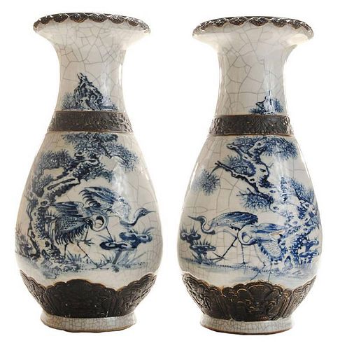 Pair Crackle-Glazed Blue and White