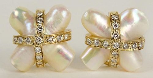Fine Quality Pair of Lady's X Shape Mother of Pearl, 14 Karat Yellow Gold and Diamond Earrings