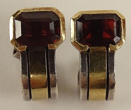 Pair of Lady's Vintage Cartier 18 Karat Yellow Gold, Sterling Silver and Garnet Earrings