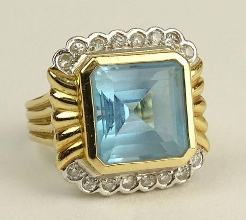 Lady's Vintage Square Cut Aquamarine, Single Cut Diamond and 18 Karat Gold Ring