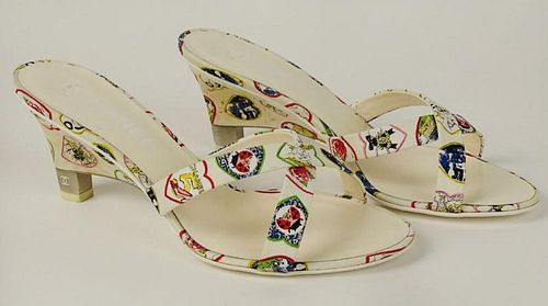 From a Palm Beach Socialite, A Pair of Women's Chanel Printed Fabric Criss-cross Strap Mules