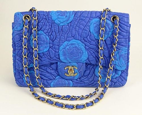 Chanel Quilted Blue Leather Shoulder Bag with Turquoise Leather Camellias