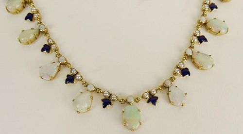 Lady's Vintage White Opal, Enamel, Seed Pearl and 18 Karat Yellow Gold Necklace