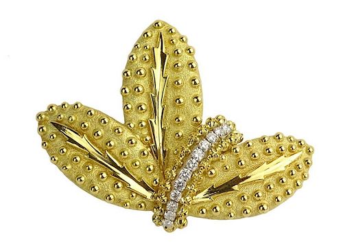 Vintage David Webb 18 Karat Yellow Gold, Diamond and Platinum Leaf Brooch