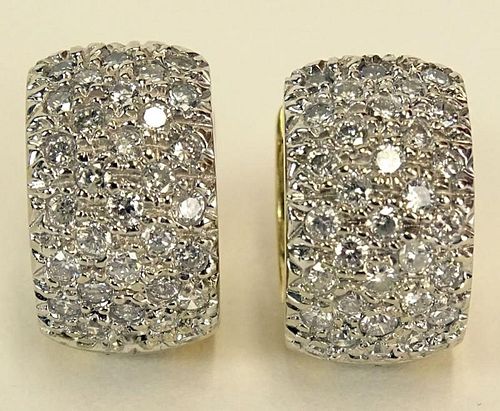 Lady's Approx. 2.0 Carat Pave Set Round Cut Diamond and 14 Karat White and Yellow Gold Earrings