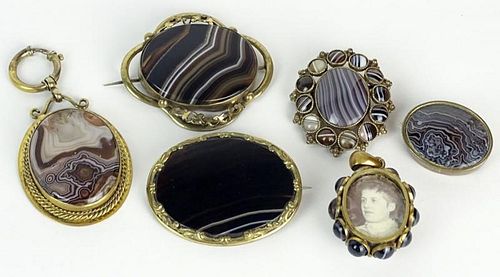 Collection of Six (6) Victorian Agate and Gold Filled Brooches