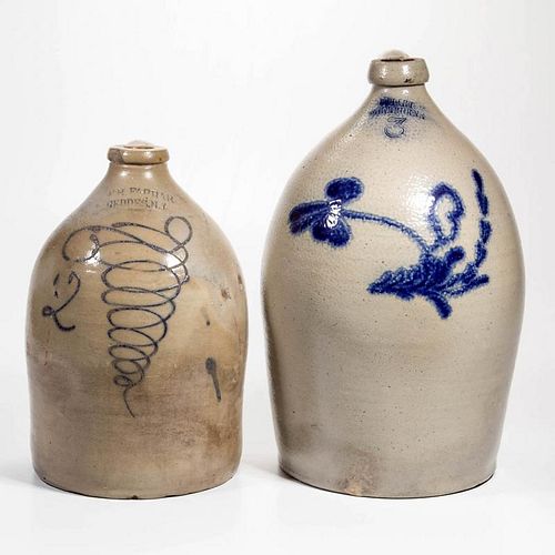 SIGNED NEW YORK DECORATED STONEWARE JUGS, LOT OF TWO