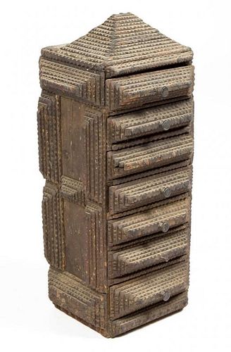 AMERICAN TRAMP ART CARVED STACK OF DRAWERS, POSSIBLY FOR SEWING