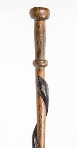 AMERICAN, POSSIBLY SOUTHERN, CARVED AND PAINTED FOLK ART CANE / WALKING STICK