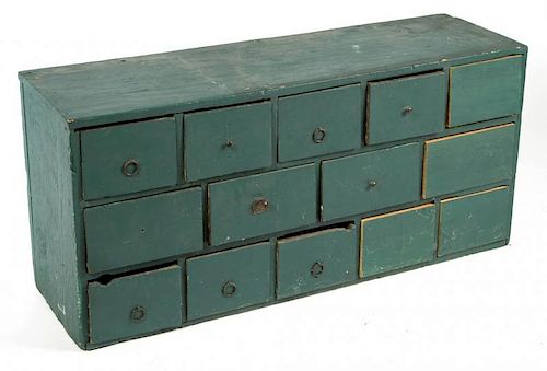 AMERICAN, PROBABLY NEW ENGLAND, COUNTRY BLUE / GREEN-PAINTED PINE APOTHECARY CUPBOARD