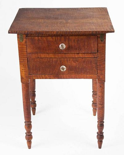 AMERICAN, PROBABLY MID-ATLANTIC, LATE FEDERAL FIGURED "TIGER" MAPLE TWO-DRAWER WORK / SEWING STAND