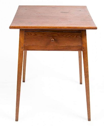 EASTERN VIRGINIA, POSSIBLY EASTERN SHORE, YELLOW PINE AND OAK SPLAY-LEG ONE-DRAWER STAND TABLE