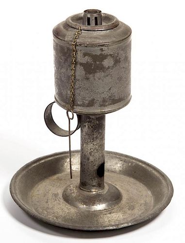 SAMUEL DAVIS SHEET-IRON LARD LAMP ON STAND
