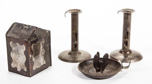 ASSORTED SHEET-IRON CANDLE LIGHTING ARTICLES, LOT OF FOUR