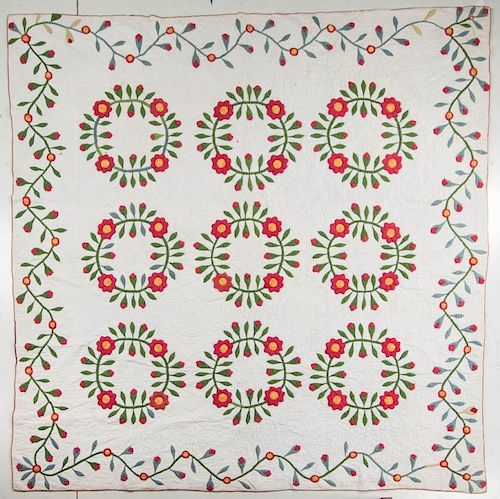 SHENANDOAH VALLEY OF VIRGINIA ATTRIBUTED WILD ROSE WREATH SIGNED WEDDING APPLIQUE QUILT