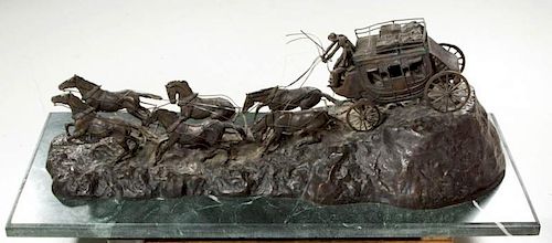 AFTER CHARLES M. RUSSELL (1864-1926) LARGE BRONZE STAGE COACH SCULPTURE