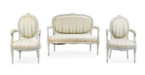 A Group of Louis XVI Painted Seating Furniture Height of settee 34 1/2 x width 45 1/2 x depth 24 inches.