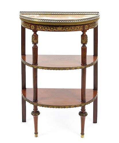 A Louis XVI Style Gilt Metal Mounted Mahogany Etagere Height 34 1/4 x width 24 1/2 x depth 12 inches.