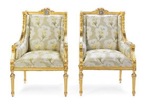 A Pair of Louis XVI Style Jasperware-Inset Giltwood Bergeres Height 42 1/2 inches.