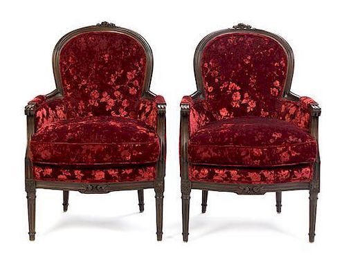 A Pair of Louis XVI Style Bergeres Height 37 1/4 inches.
