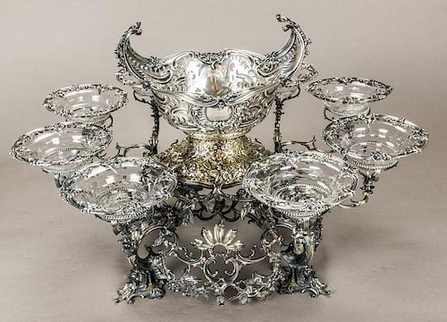 A George II Sterling Silver and Silverplate Eight Arm Basket Epergne, Thomas Gilpin, London, ca. 1757-58,