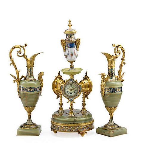 FRENCH CHAMPLEVE CLOCK AND BAROMETER GARNITURE