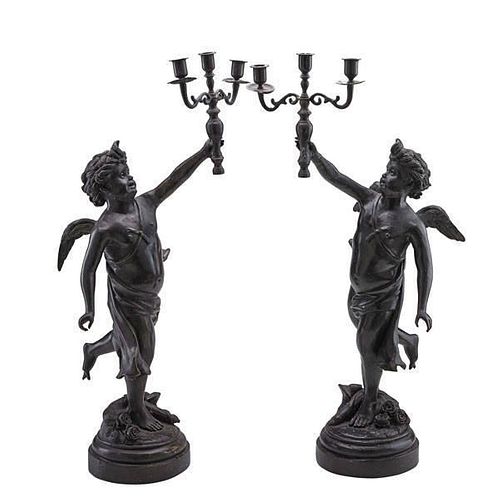 PAIR OF PATINATED SPELTER CANDELABRA