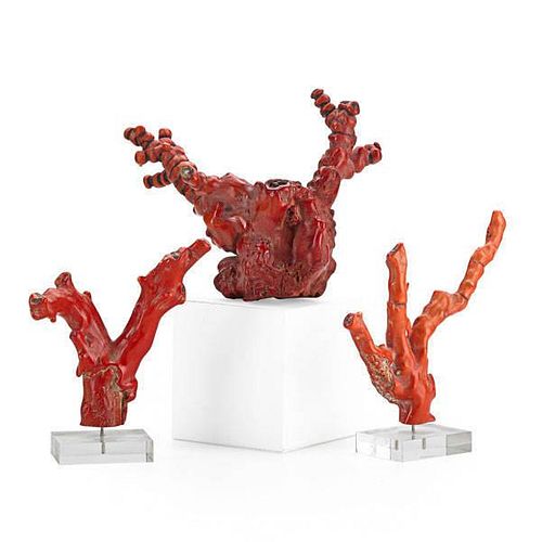THREE RED SIMULATED CORAL SPECIMENS