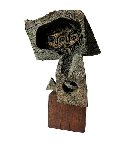 Paolo Soleri Abstract Figural Bronze on Wood Base Sculpture