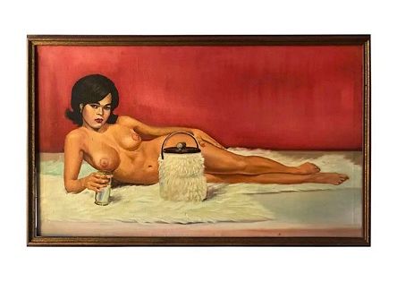 Rare 1960s Vintage Oil on Canvas Reclining Nude Lounge Painting